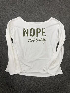 Graphic Long-Sleeve Scoop Neck Top - White with Olive "NOPE not today" Print